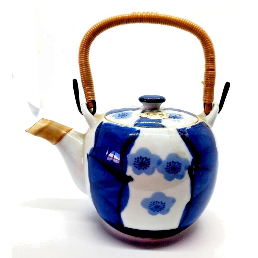 Arita Teapot Blue and White hand painted Signed on the inside of lid